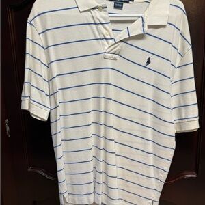 Ralph Lauren Men's Polo Shirt in White with Blue Stripes